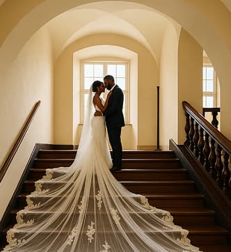 Bride and groom on grand staircase